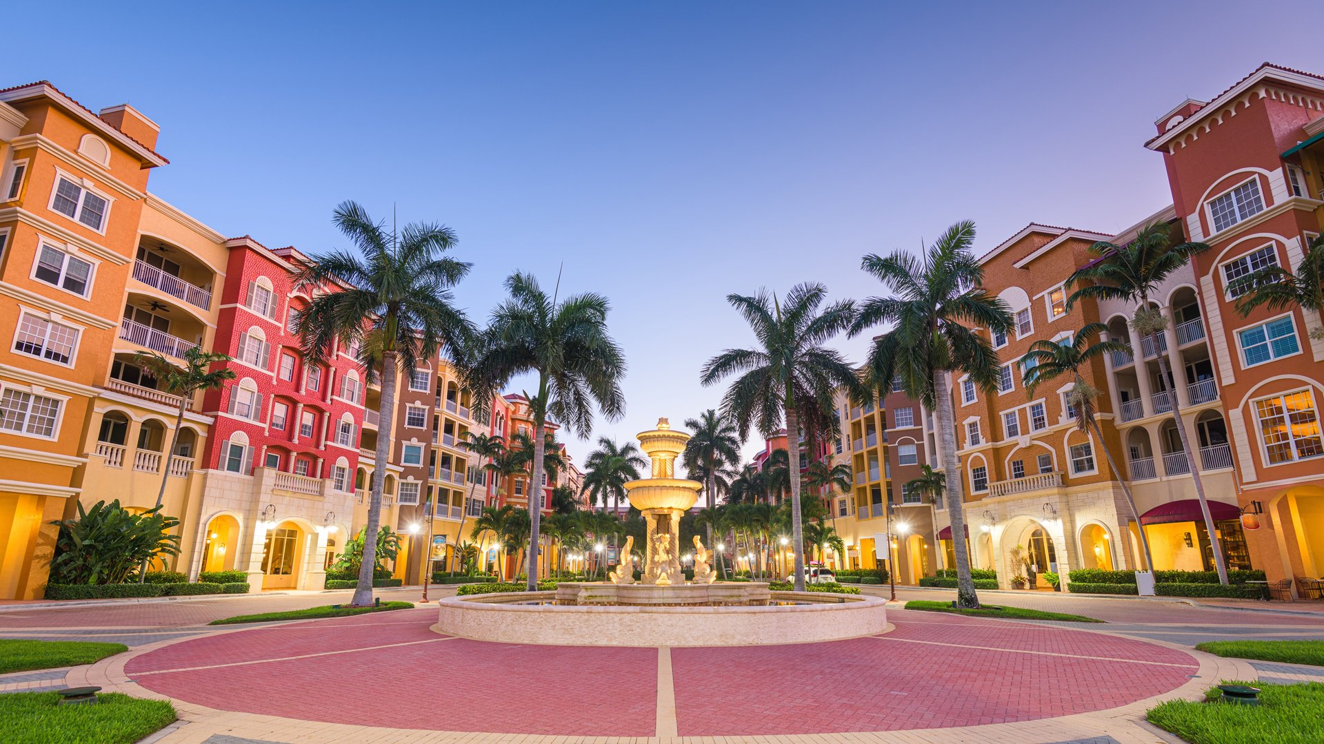 Naples, Florida skyline and plaza with fountain and palm trees, symbolizing the area’s adult day care options.