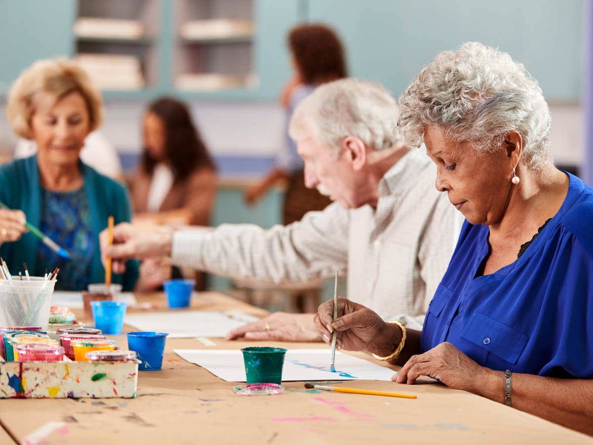 Seniors enjoying an art class at an adult day care in Port Charlotte, Florida